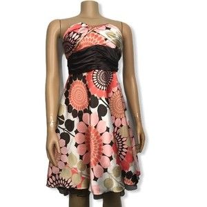 Miss Bisou Dress Floral Satin Strapless Tulle hem Brown multicolor size 9